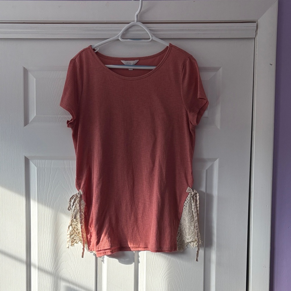 LC Lauren Conrad Coral Short Sleeve Top with Lace Details